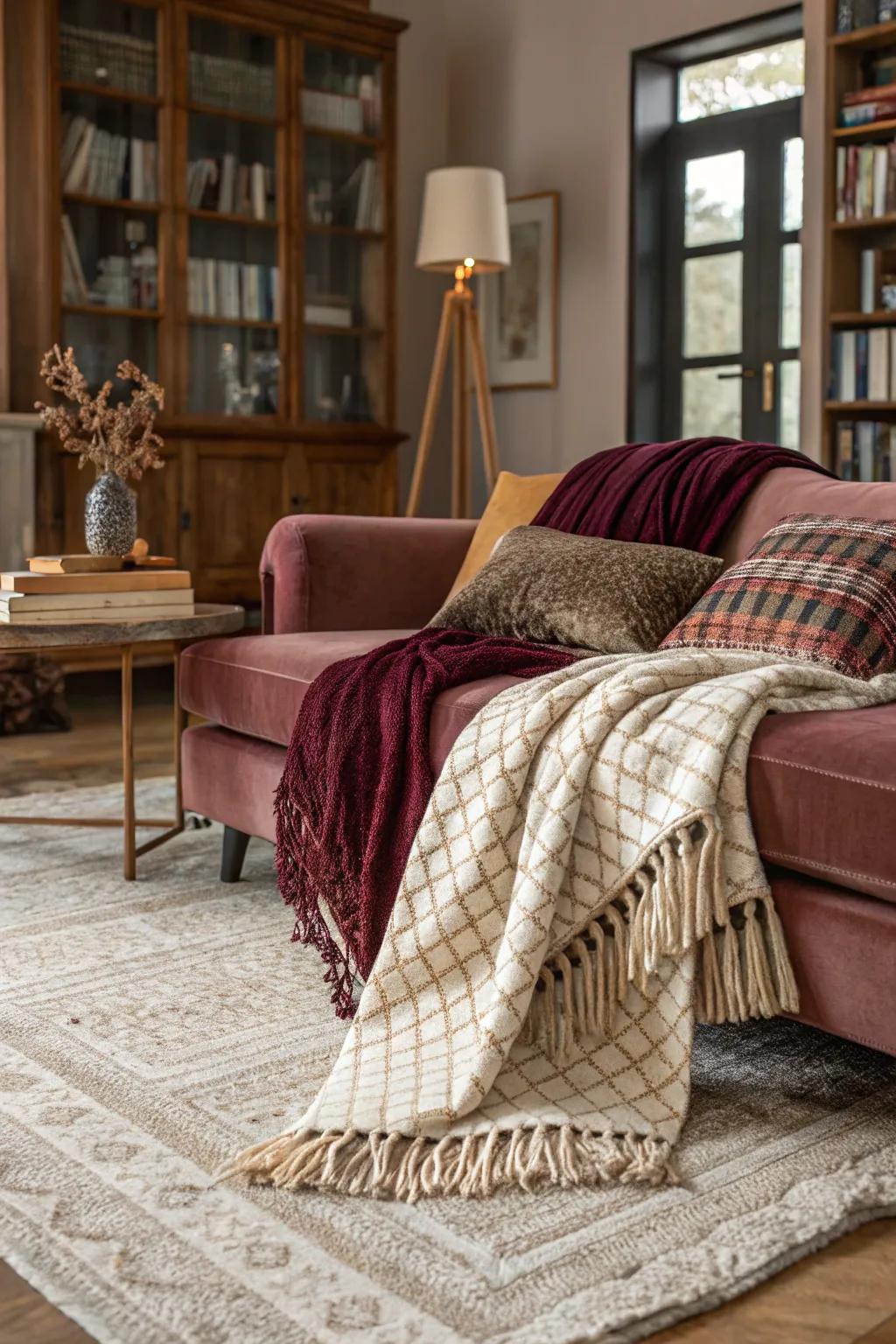 Arranged textures enrich the snug feeling of the lounge.