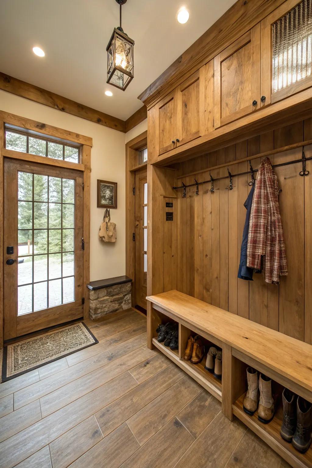 A mudroom featuring natural and timber textures.