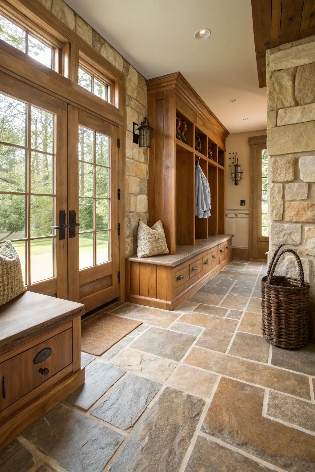 Natural stone tiles bringing timeless appeal to a mudroom