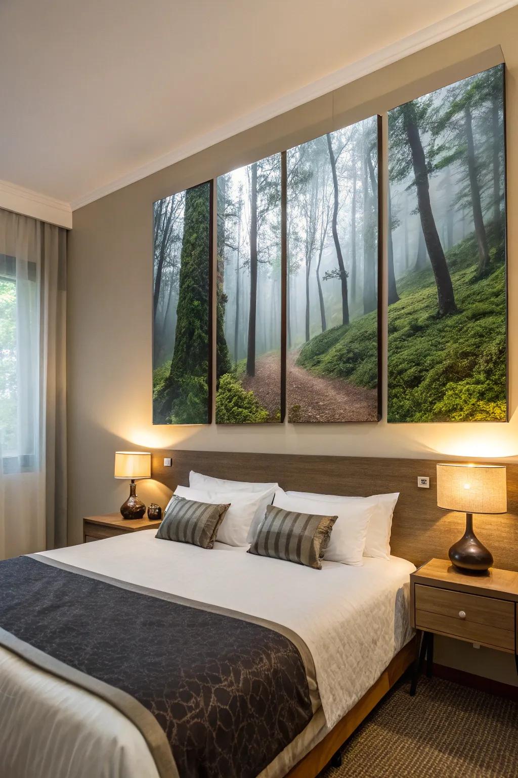 The guest room becomes an imaginative space, thanks to these whimsical scenes from an enchanted forest on a set of canvases.
