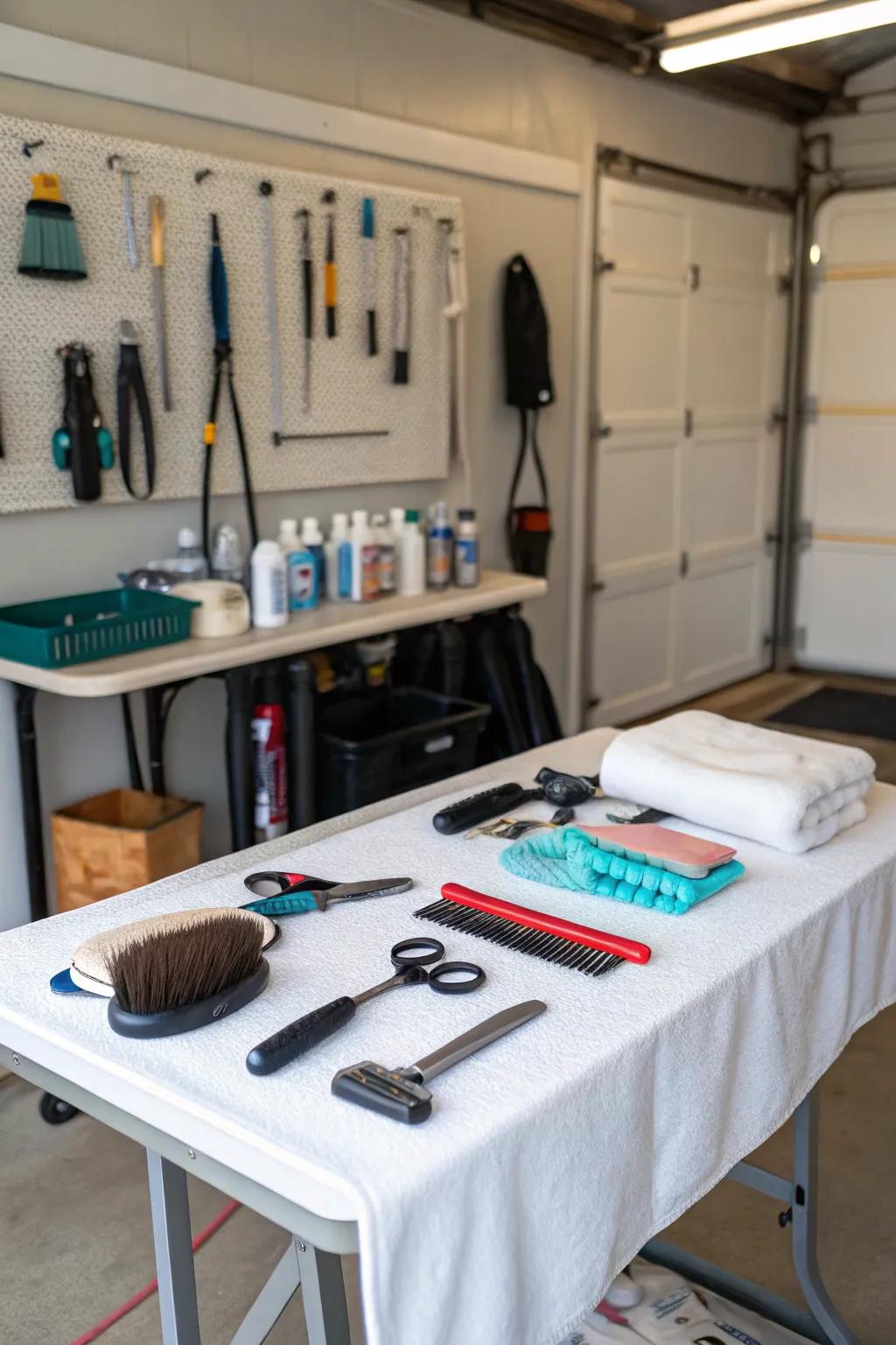 A pet grooming station installed in a garage.