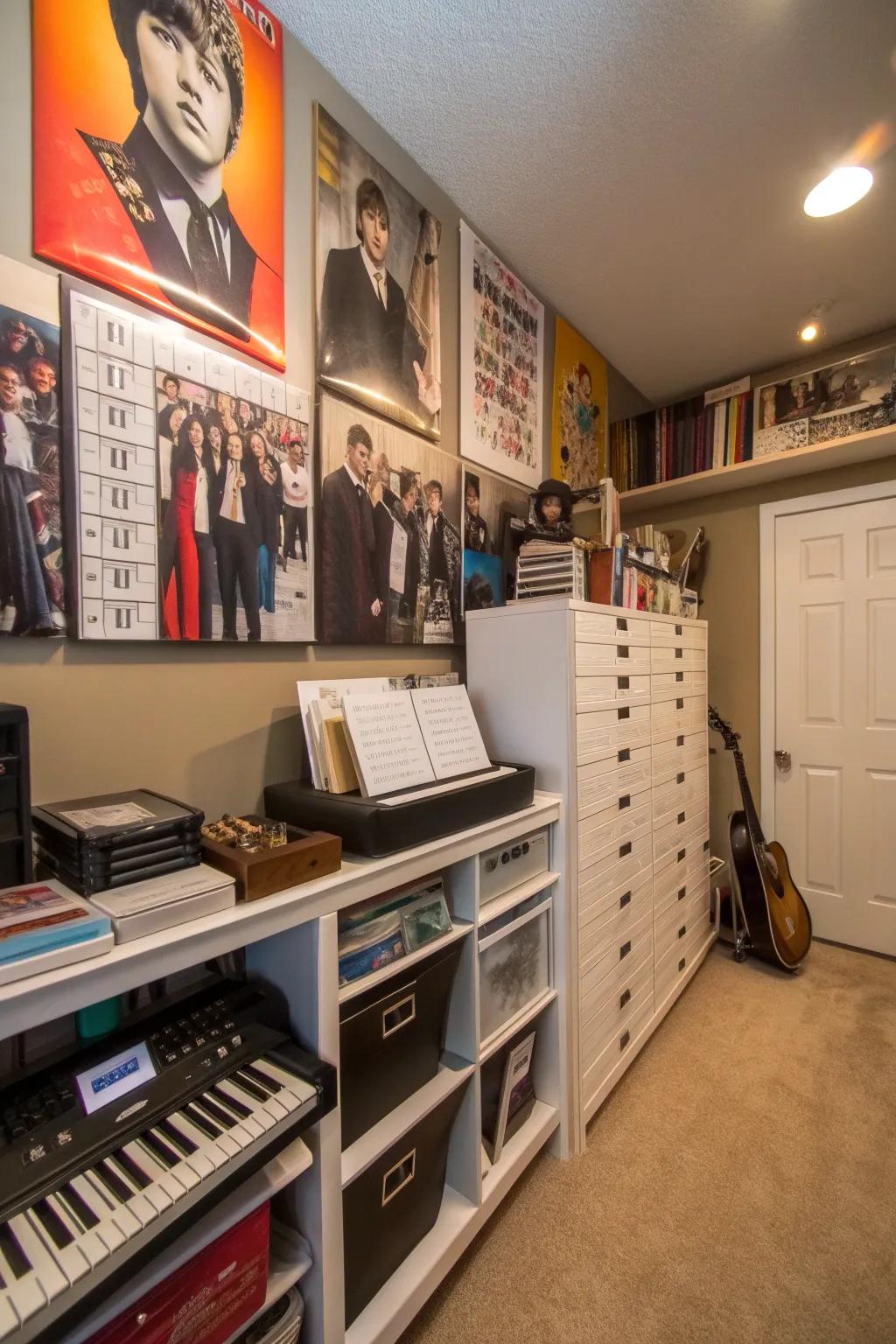Efficient storage ensures the music room remains tidy and visually appealing.