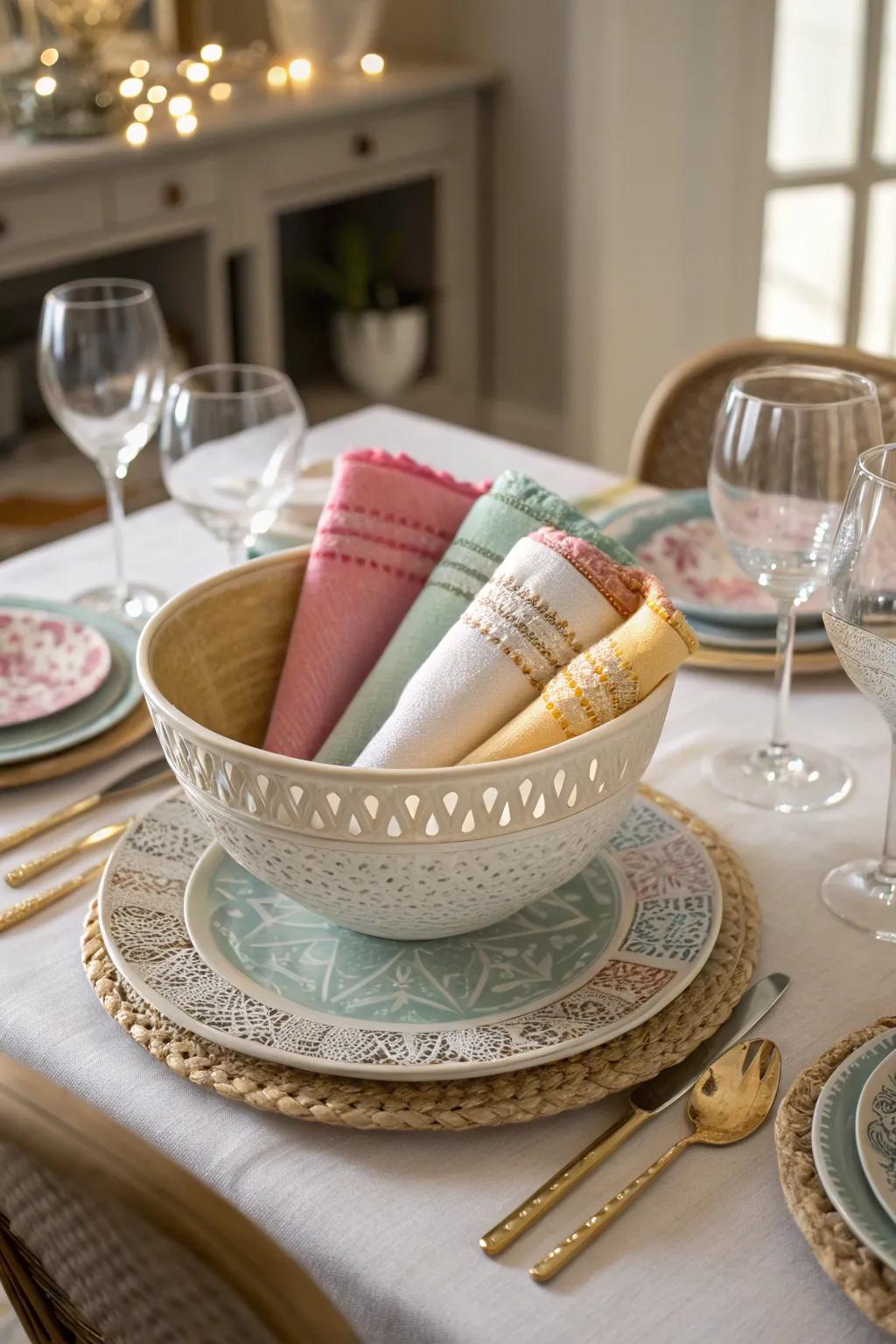 An ornate bowl filled with napkins enhances the elegance of any table arrangement.