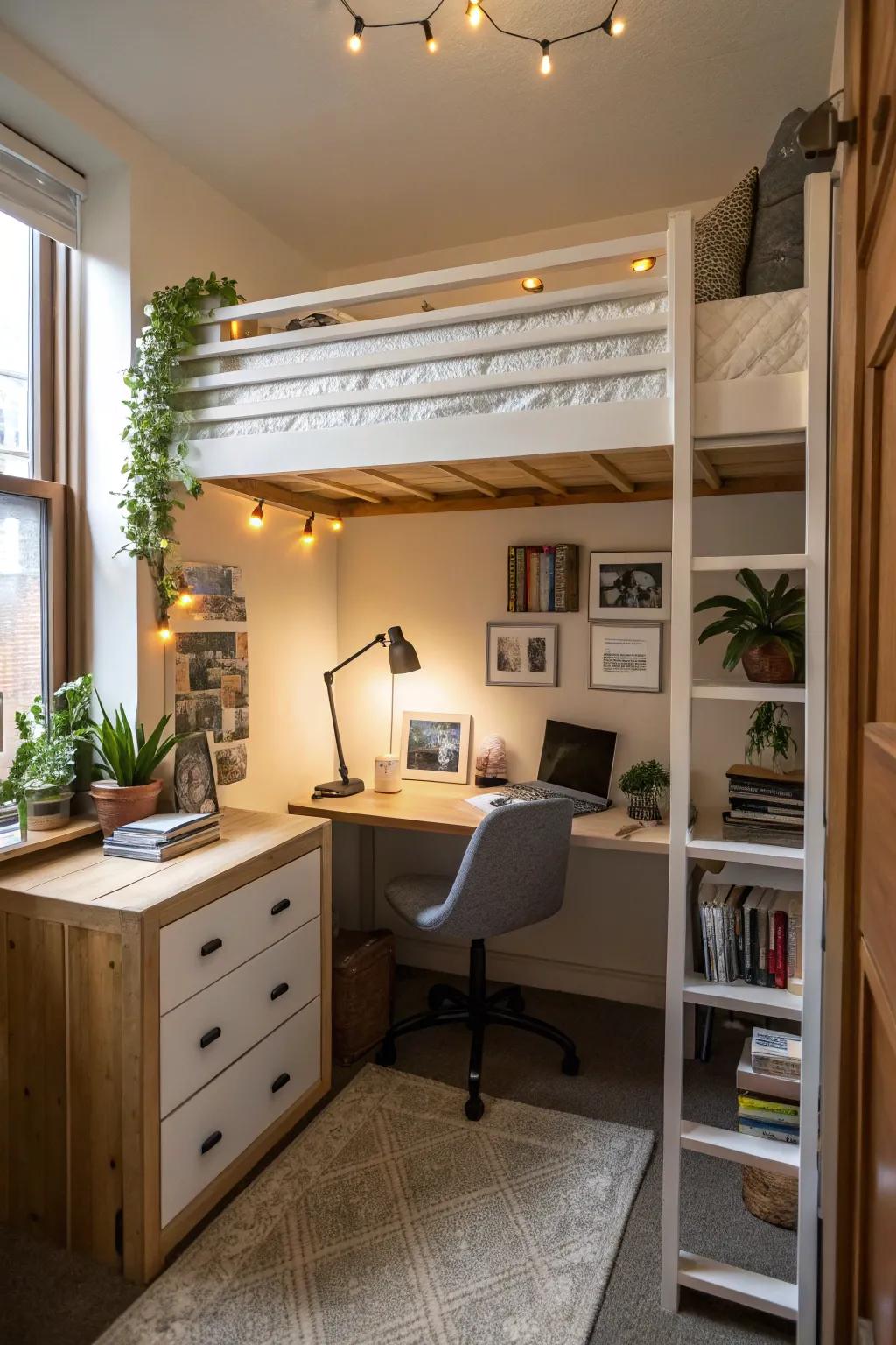 A loft bed optimizes space with a functional zone beneath in a slender bedroom.