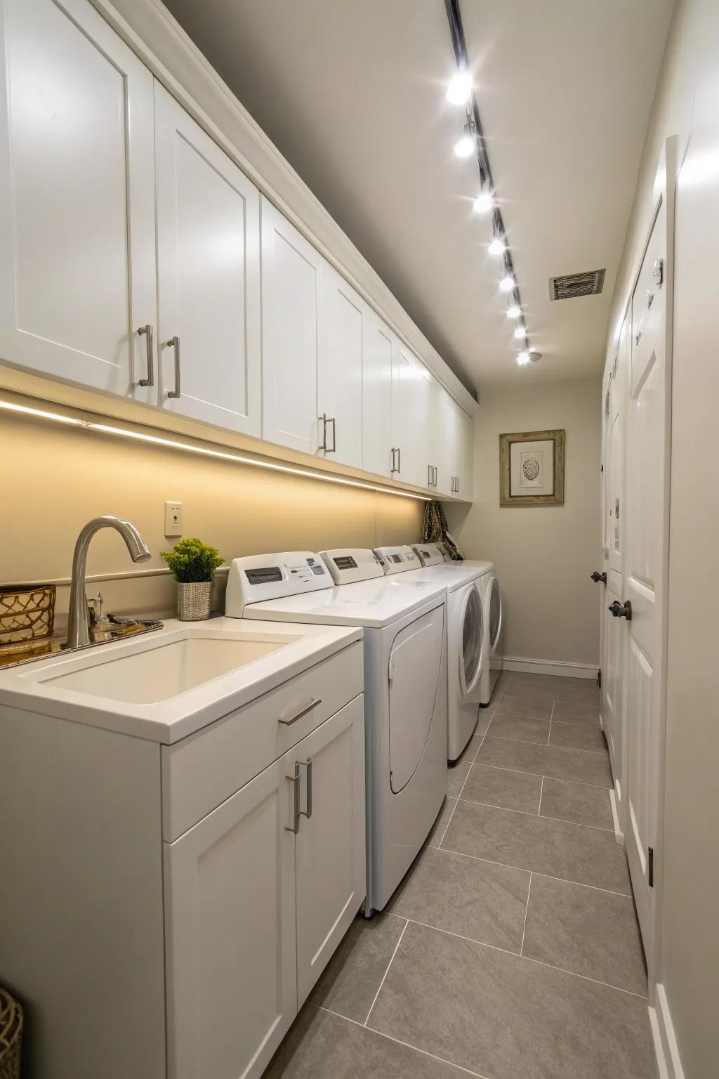 Under-cabinet lighting enhances the atmosphere while improving visibility for your laundry tasks.