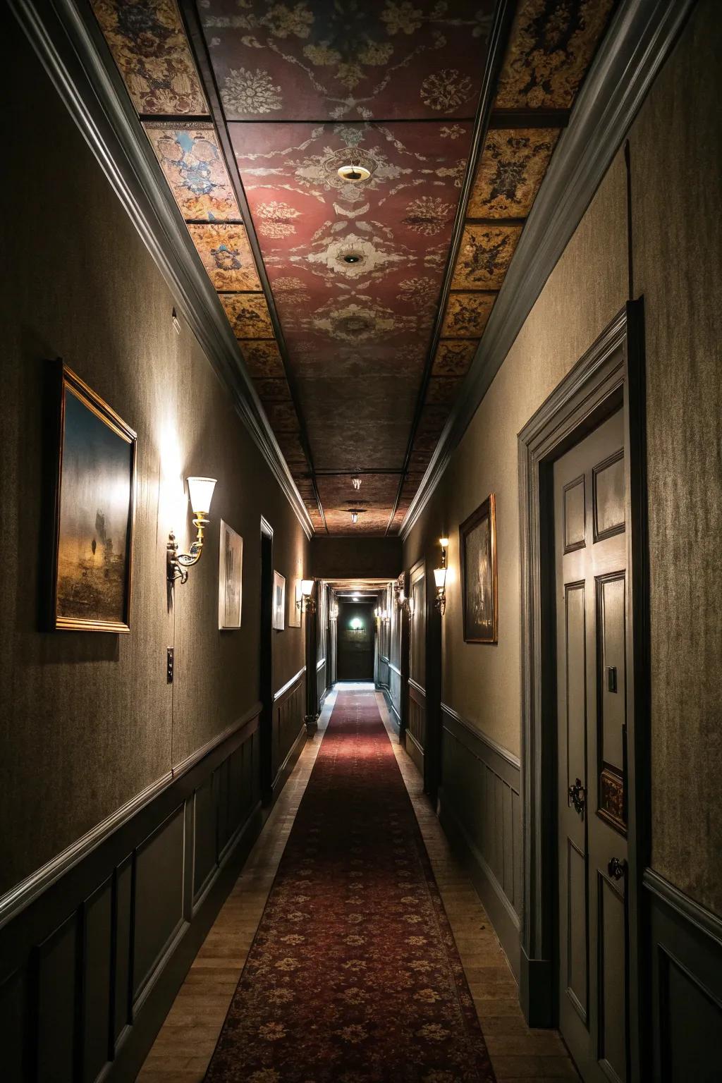 A dull roof can add dramatization and complexity to a restricted hallway.