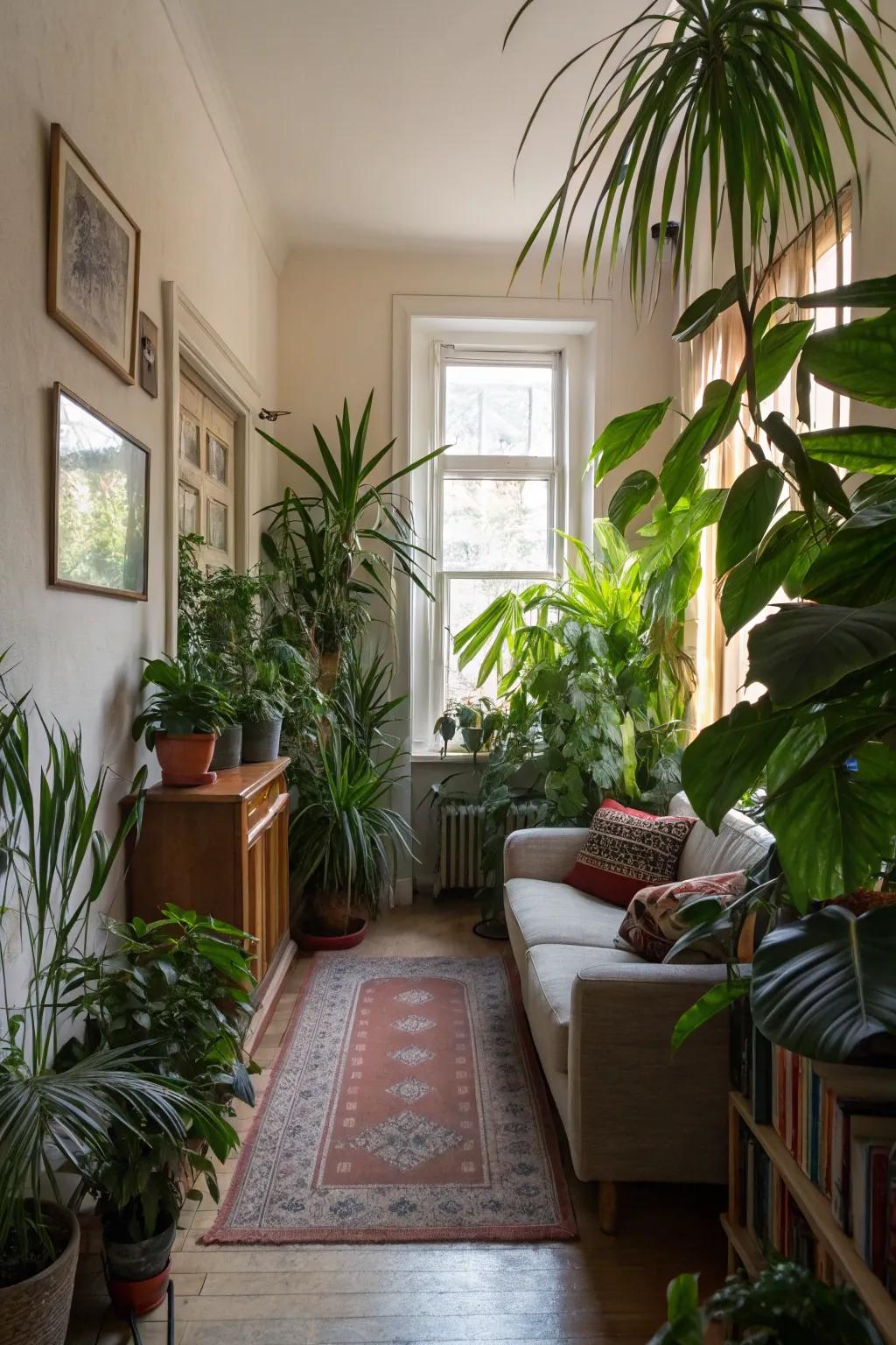 Lofty interior botanical specimens engendering dynamism within a restricted living space.