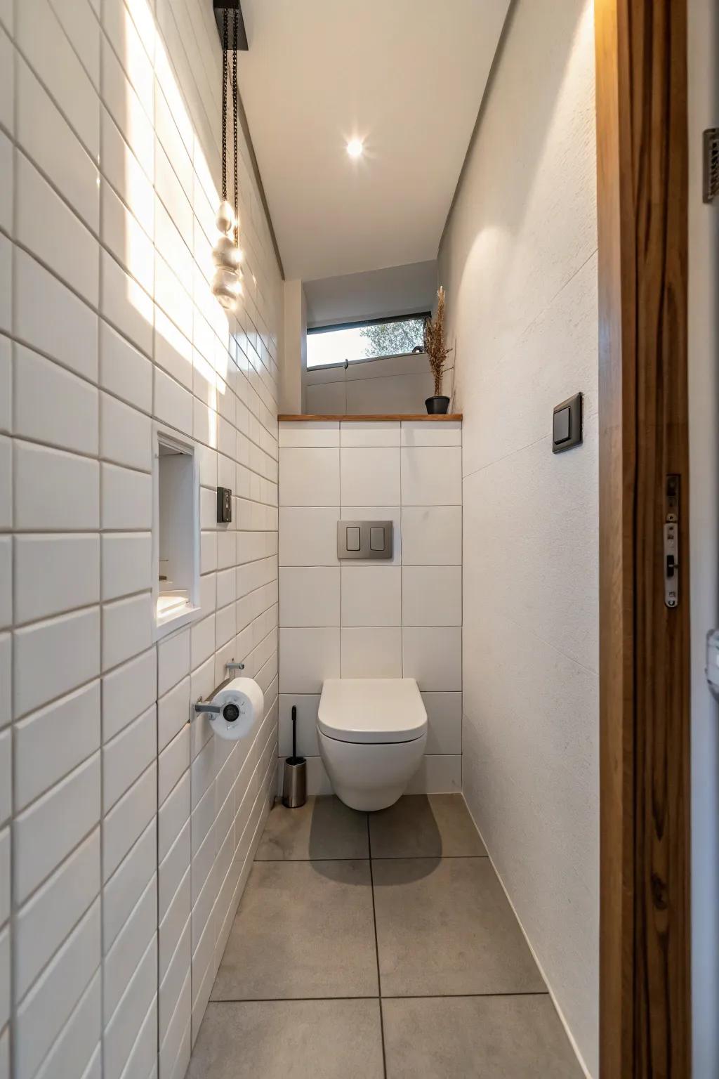 Wall-attached toilets help make a bathroom design clean and spacious.