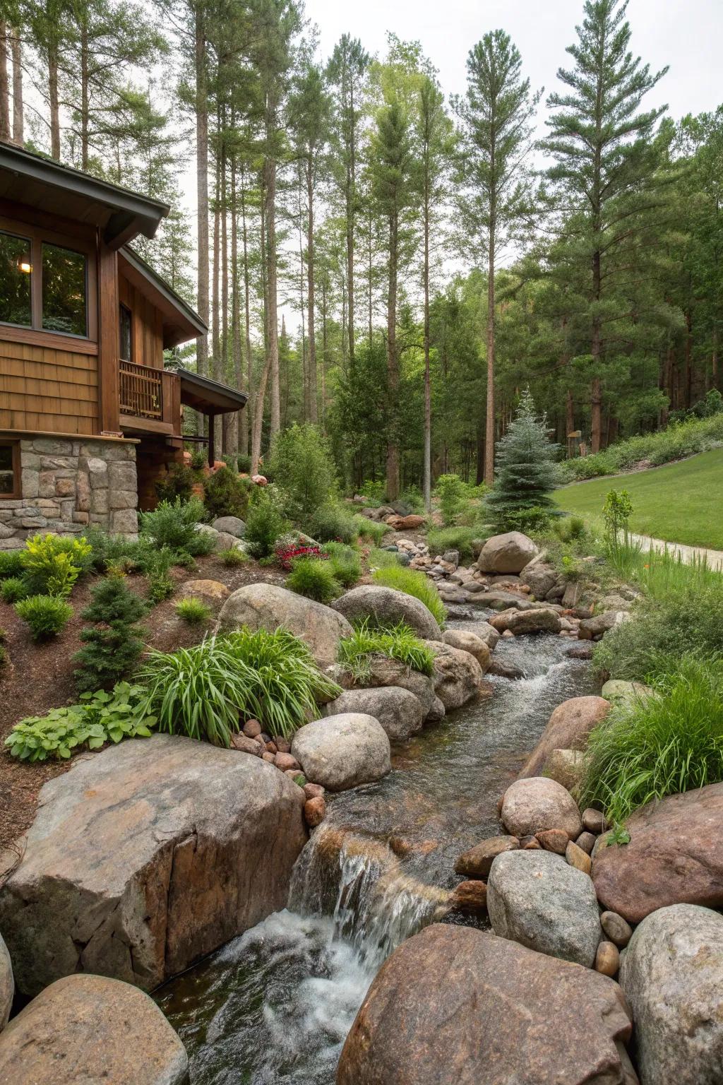 A rocky stream design for a natural, rugged manifestation.