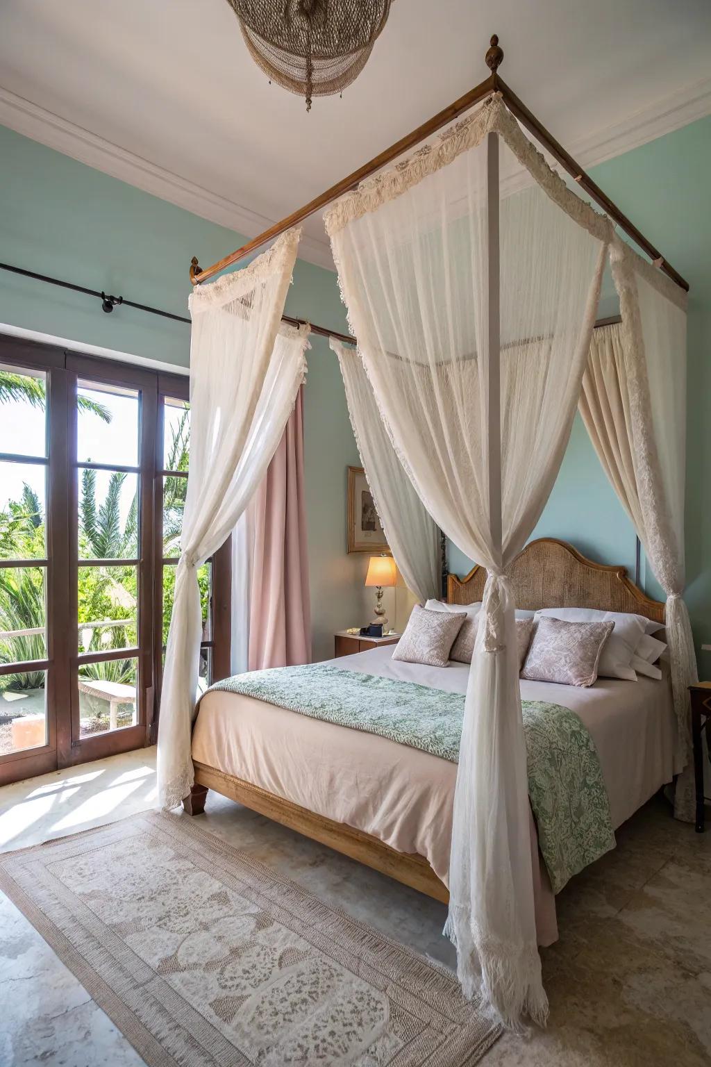 A canopy bed delivers a snug, secluded sensation reminiscent of a retreat in the woods.