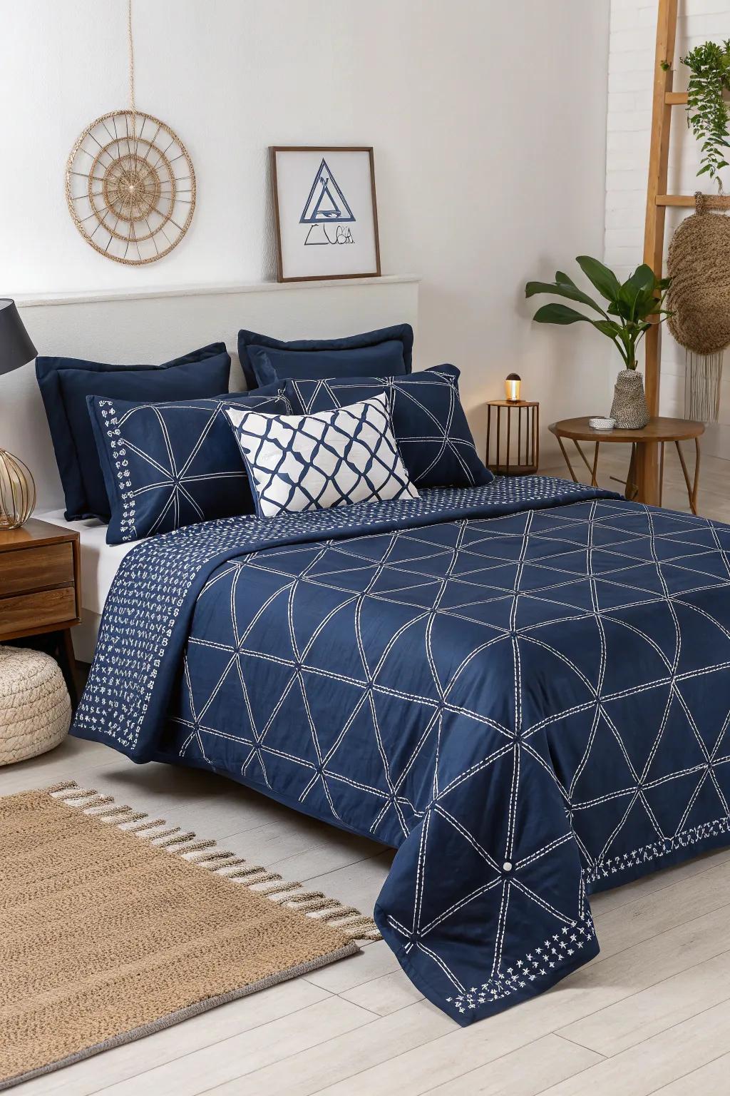 Introduce a modern twist with sea blue bedding that features geometric patterns.