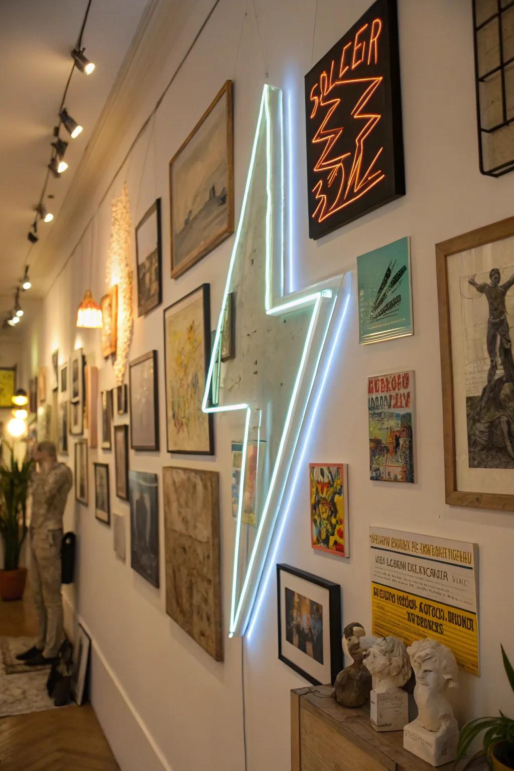 A neon starburst art adds an energetic feel to a wall display.