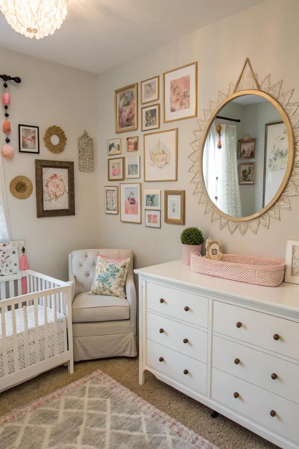 A gallery display with reflectors adds personality and depth to this nursery.