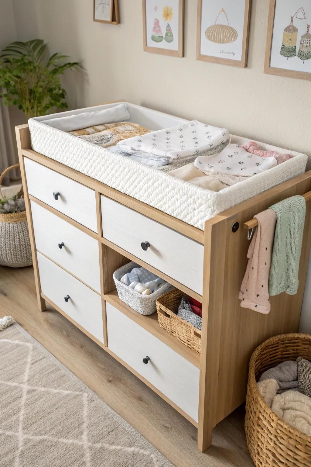 A dual-purpose chest of drawers saves space and keeps changing essentials organized.