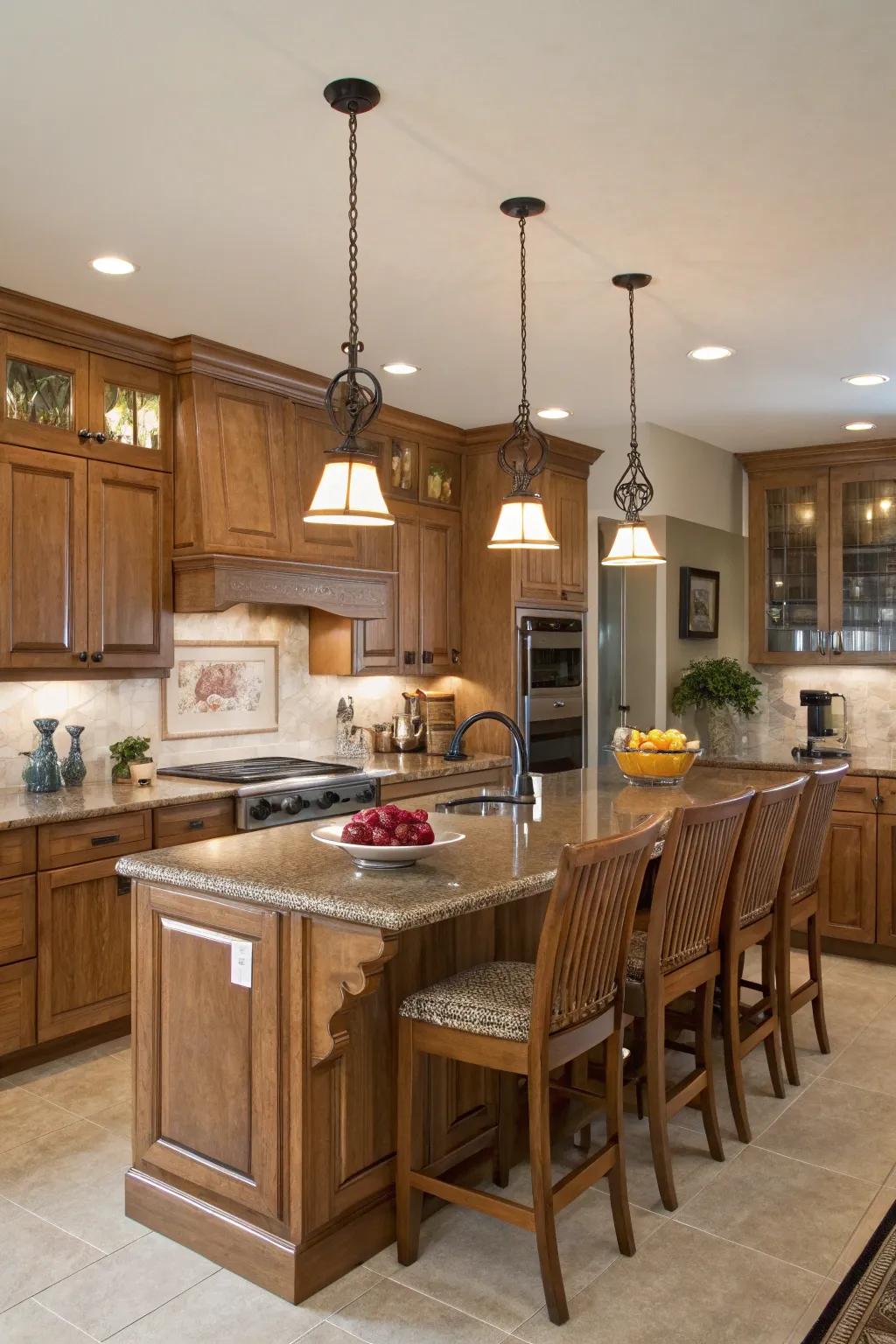 Hanging illumination dictates the atmosphere in an oak kitchen.