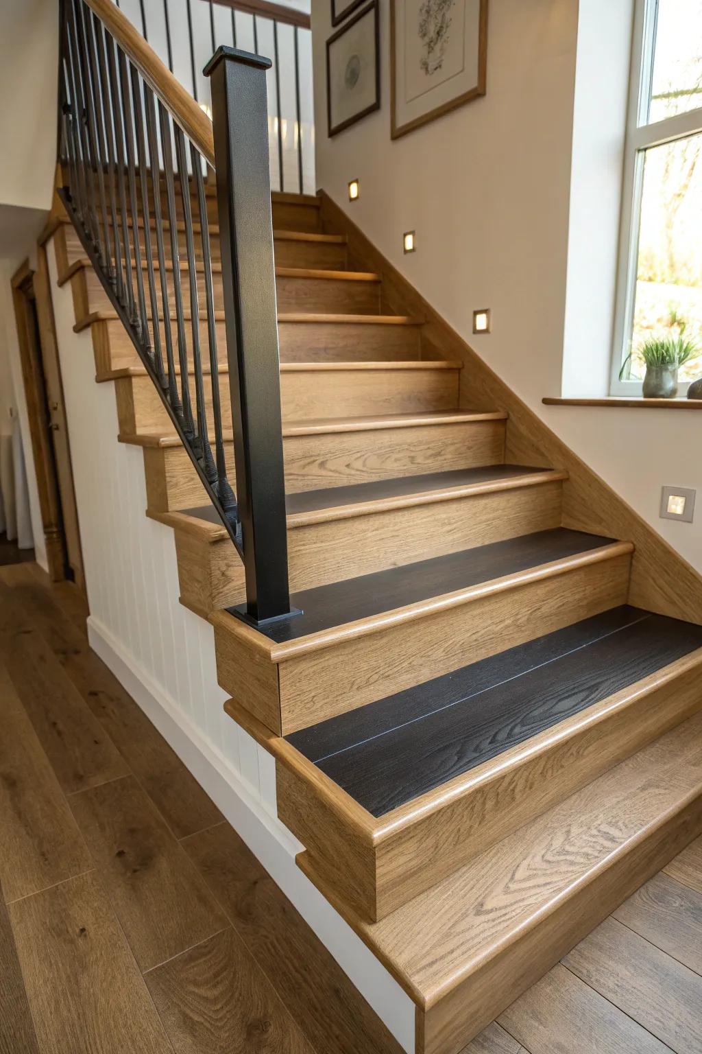 A prominent featured step in a beautifully crafted oak stairwell.