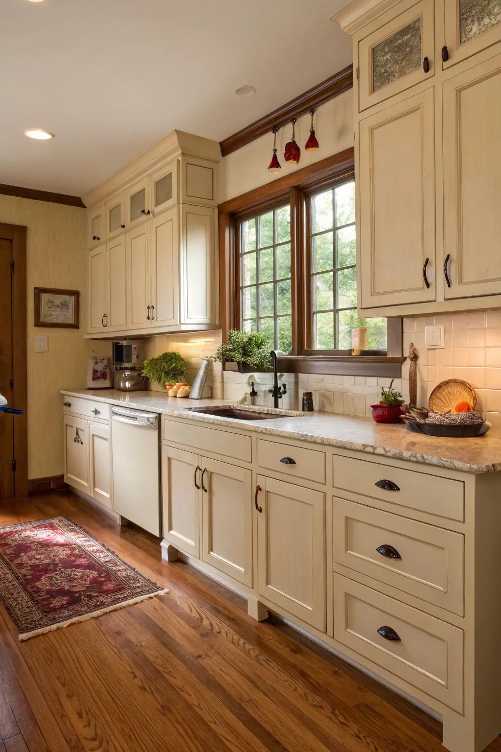 Wood floors amplify the coziness of cream-colored kitchens.