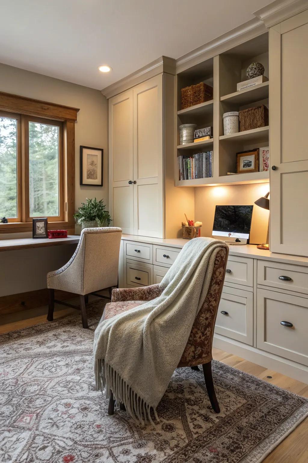 Inviting fabrics add warmth and comfort to your office.