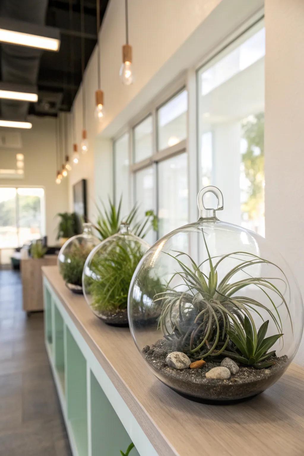 With air flora presented in glass spheres, you can create a floating vegetation in your office and give your space a distinctive touch.
