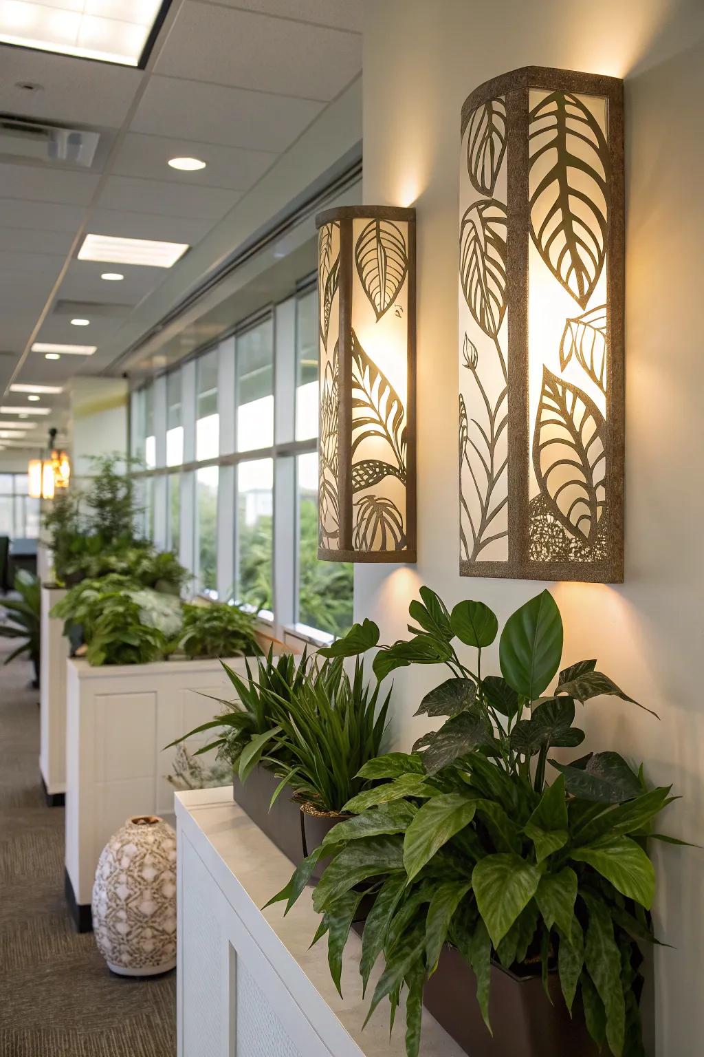Nature-themed wall lights introducing a whimsical touch to the office.