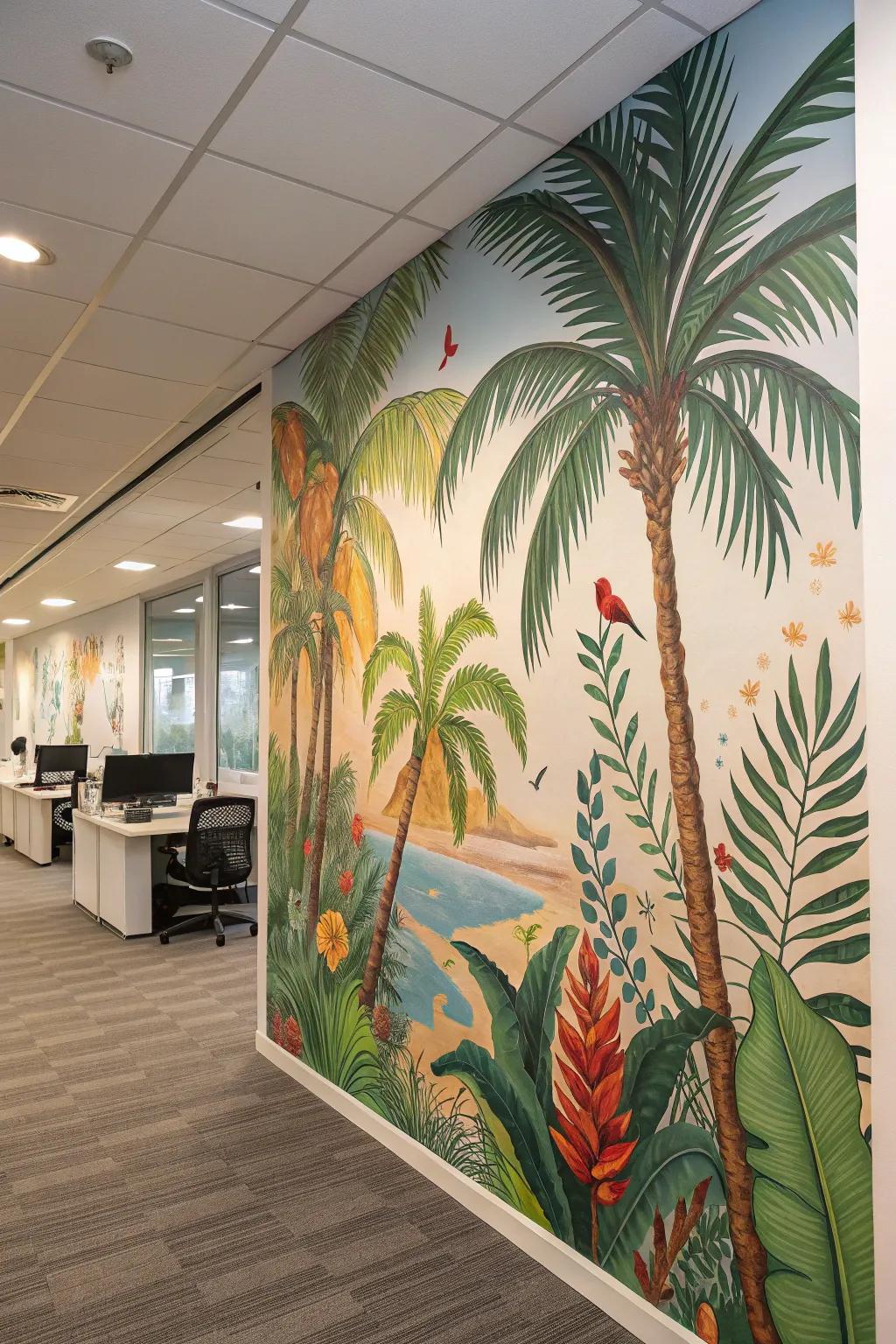 Incorporate a tropical getaway into your office using vibrant coverings.