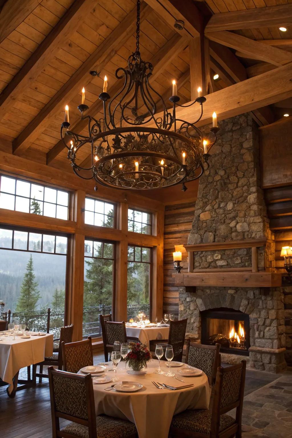 Rustic cabin dining spot lit by a show-stopping wrought iron overhead light.