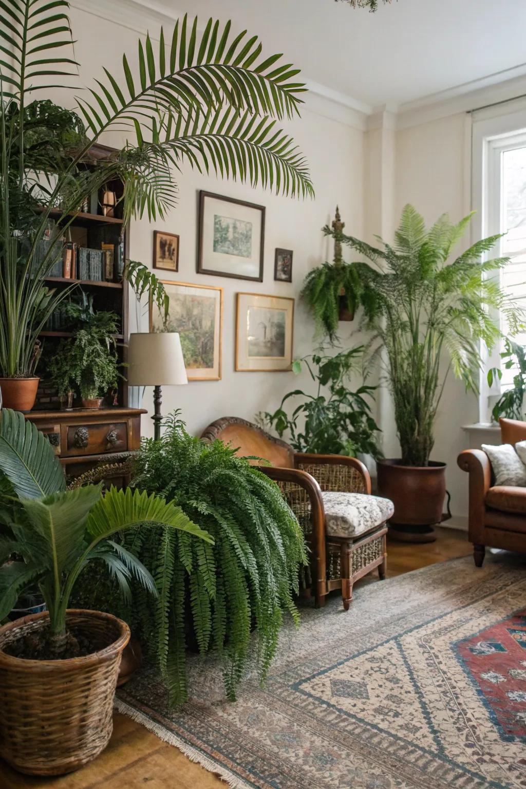 Indoor foliage introduces a refreshing natural element into the room.