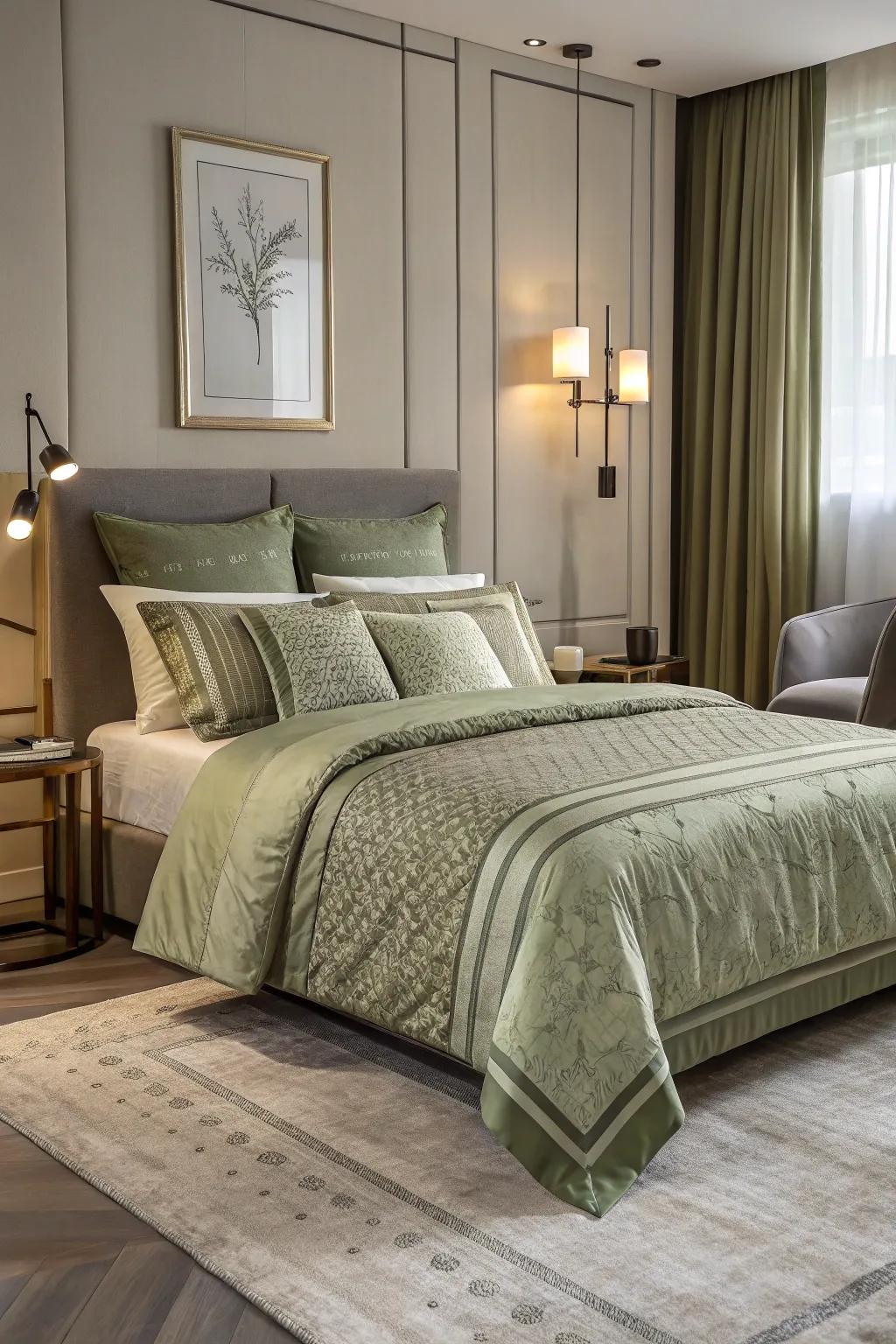 Olive green bedding with patterns enhances charm and refinement.