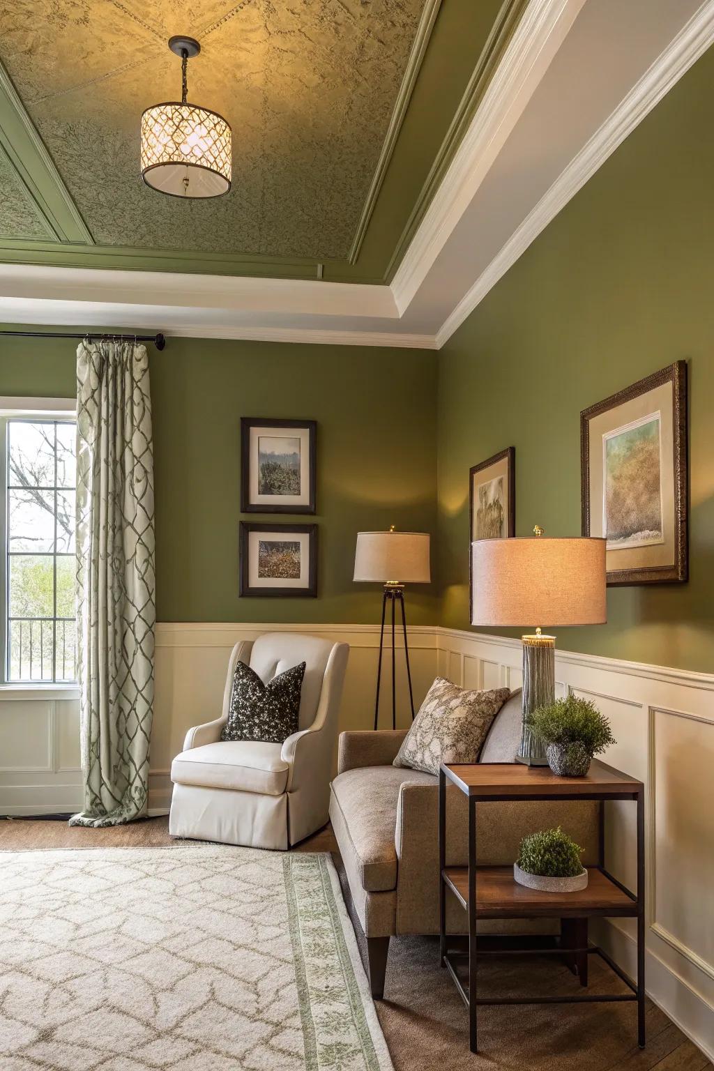 A verdant olive overhead expanse instills a distinctive feature to the setting.