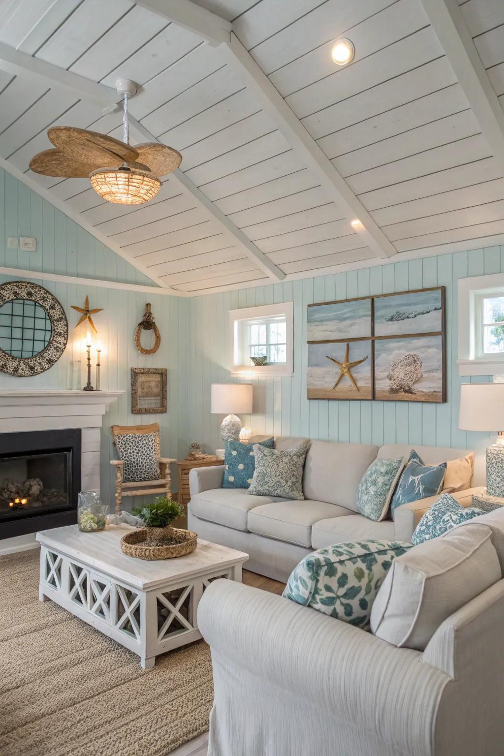 A charming living space featuring a shiplap ceiling for a cozy feel.