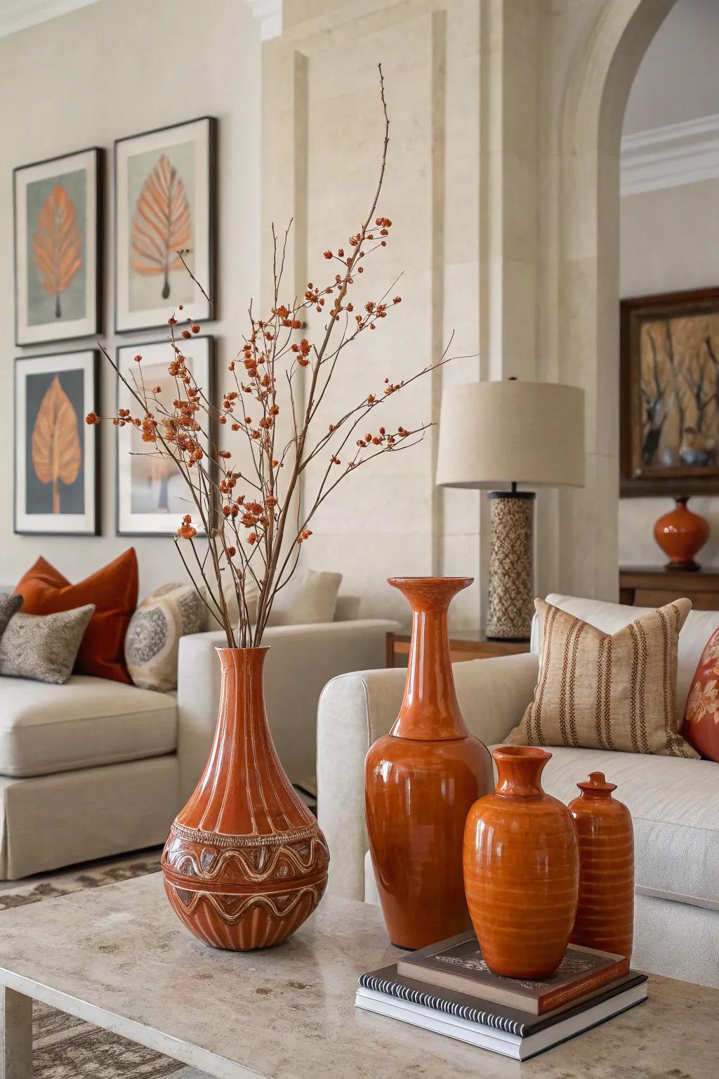 A modern lounge with discreet orange highlights such as vases and artwork.