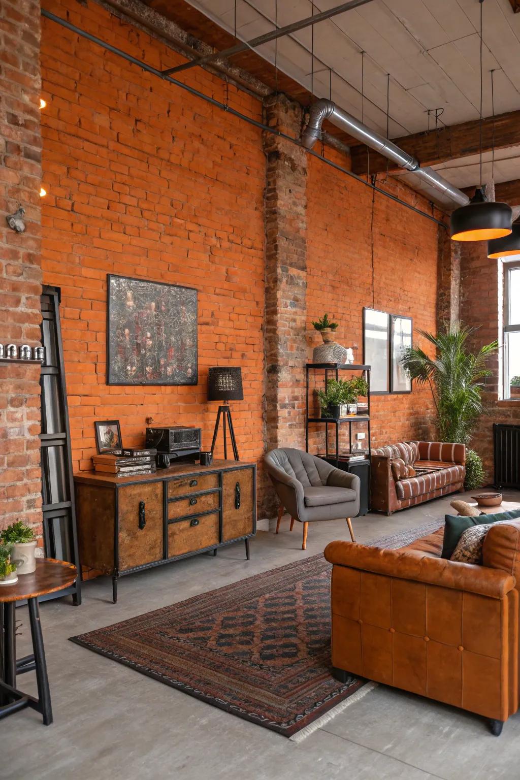 A loft enhanced by the country charm of a tangerine brick wall.