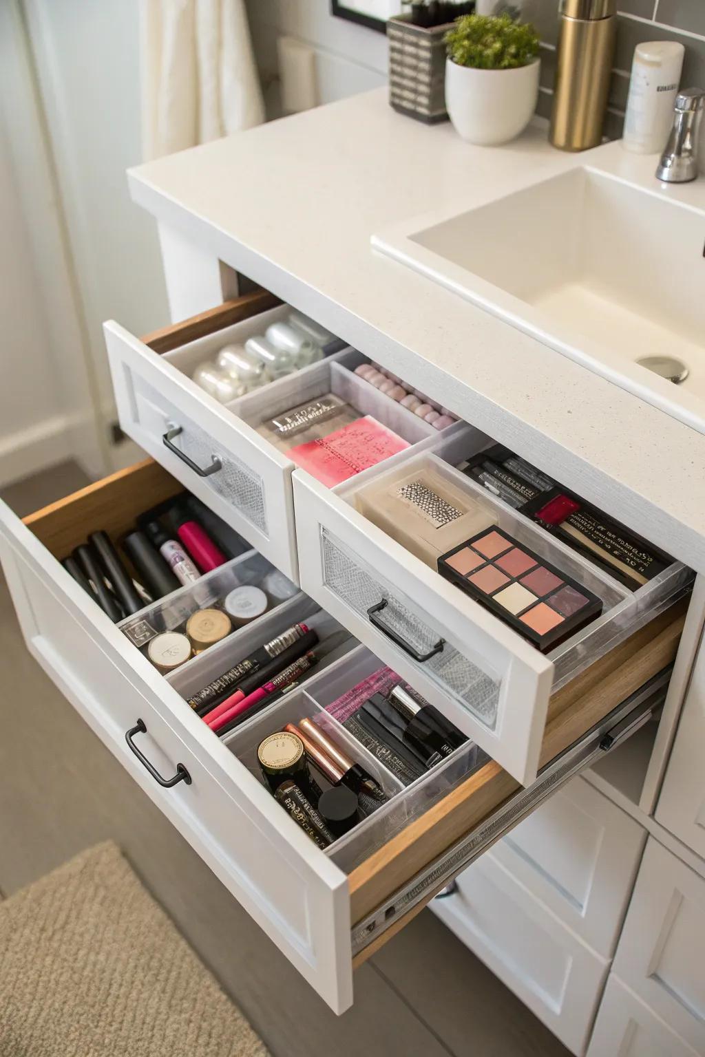 Drawer inserts help keep small items neatly organized.
