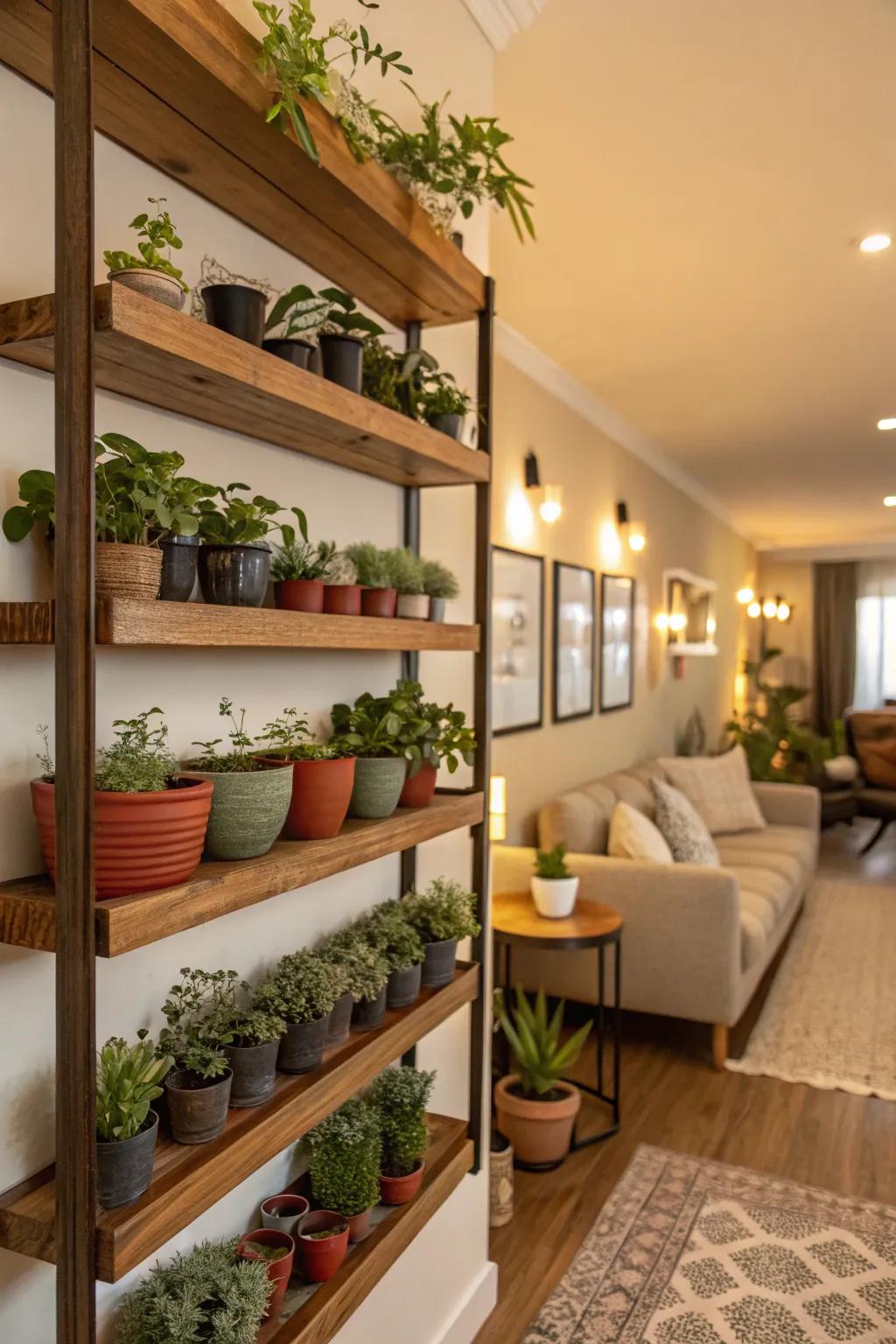 Vertical garden shelves introduce nature indoors