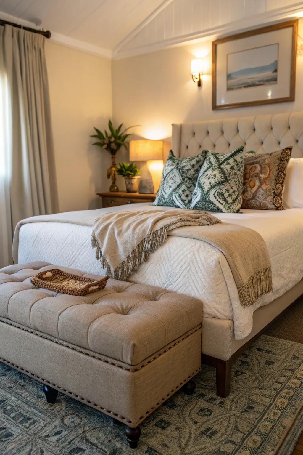 A bedroom ottoman adding elegance and functionality.