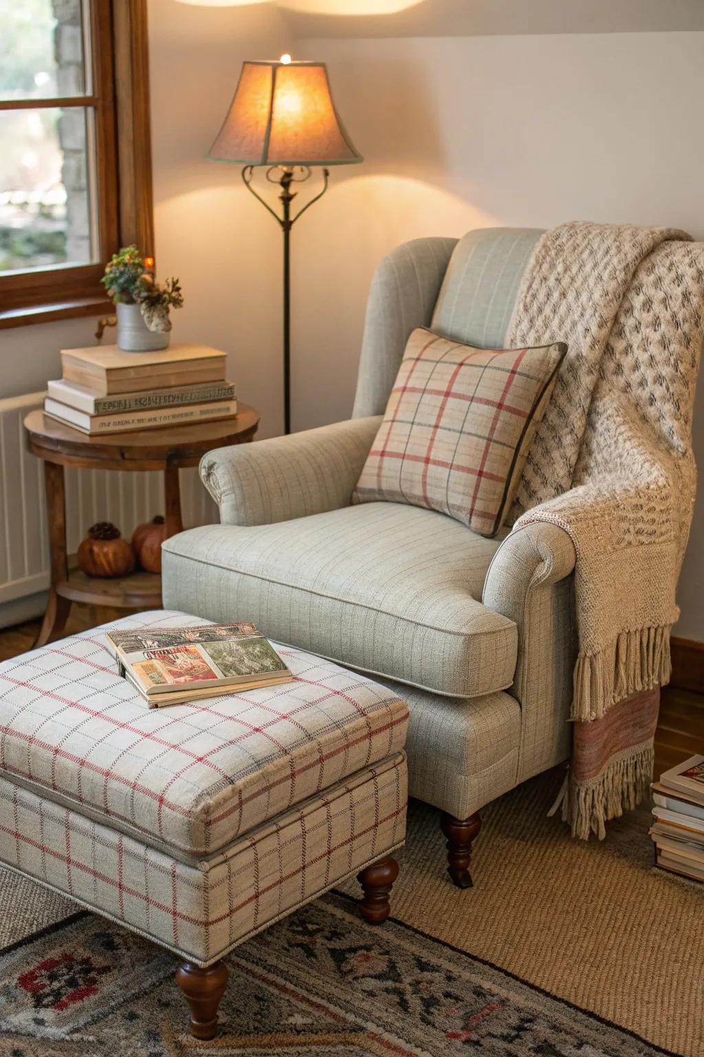 An ottoman and sitting chair set creates the perfect reading spot.