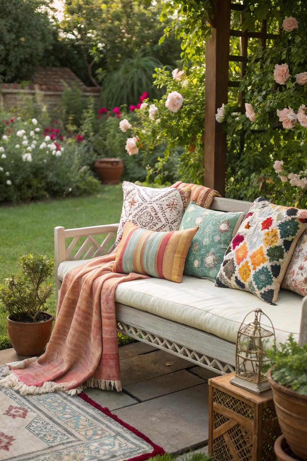 An outdoor bench designed as a comfortable living room corner.
