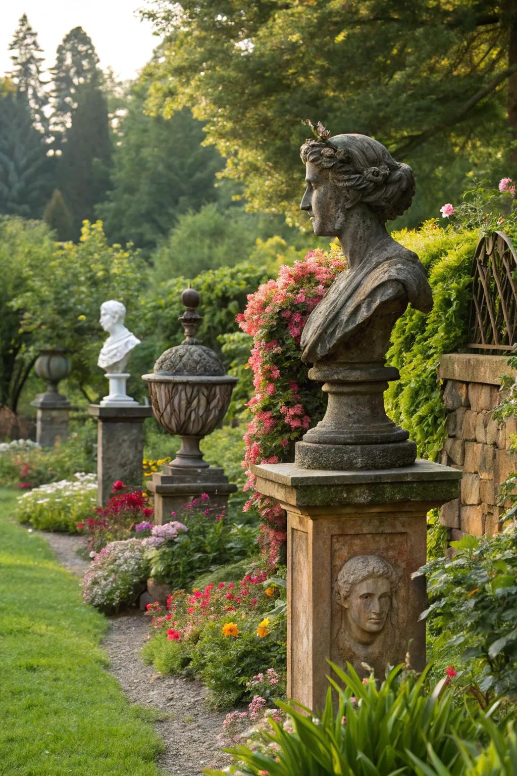 Artistic sculptures imbuing persona into the garden.