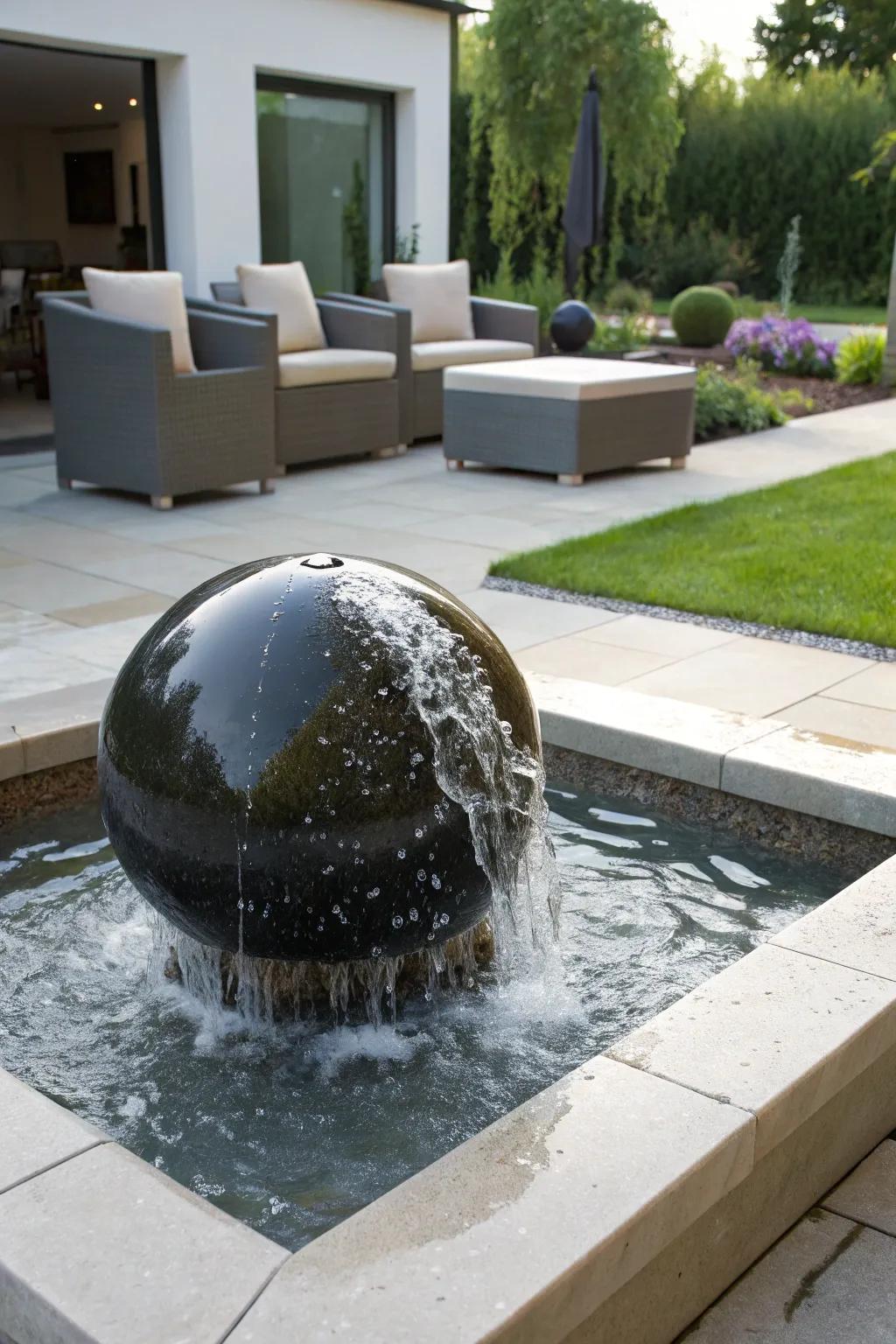 Orb fountains infuse a modern aesthetic into outdoor spaces.