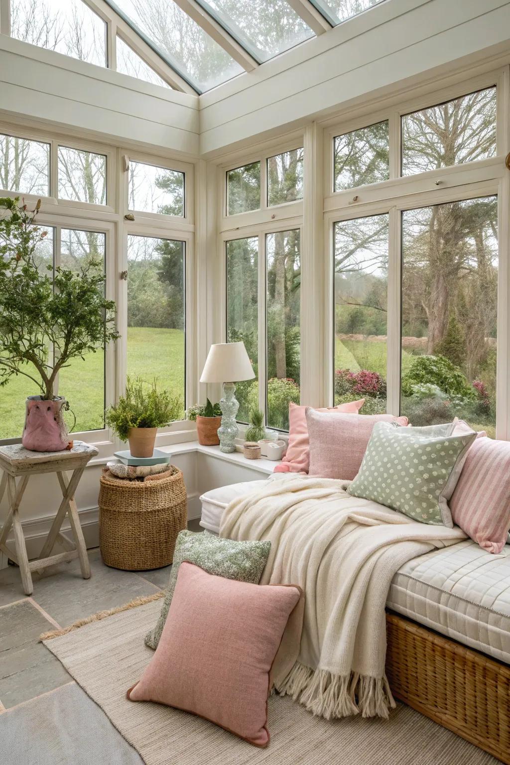 Delicate textiles creating an inviting and cozy garden room.