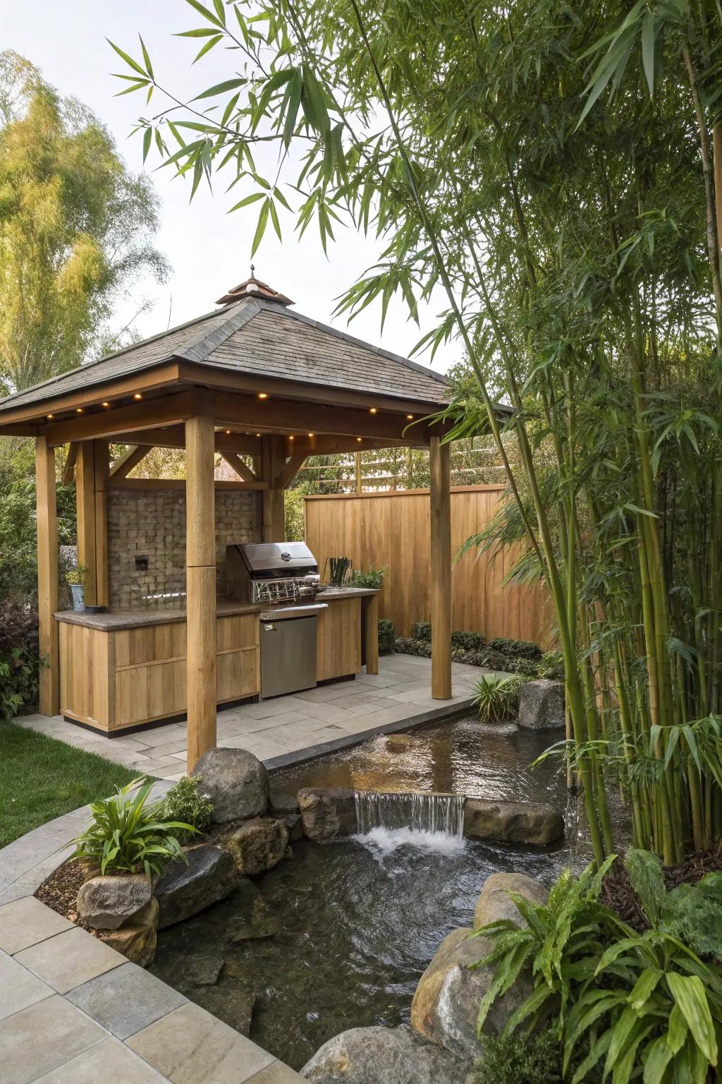 Achieve calm inside a Zen-inspired outdoor kitchen gazebo.