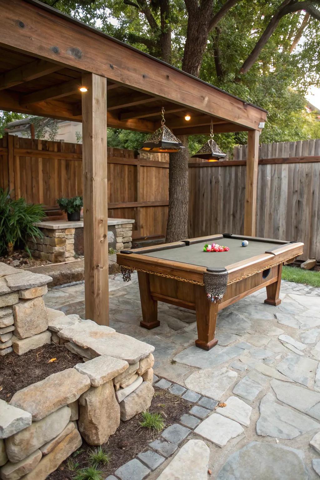 A country outdoor snooker table setup with wood and stone.