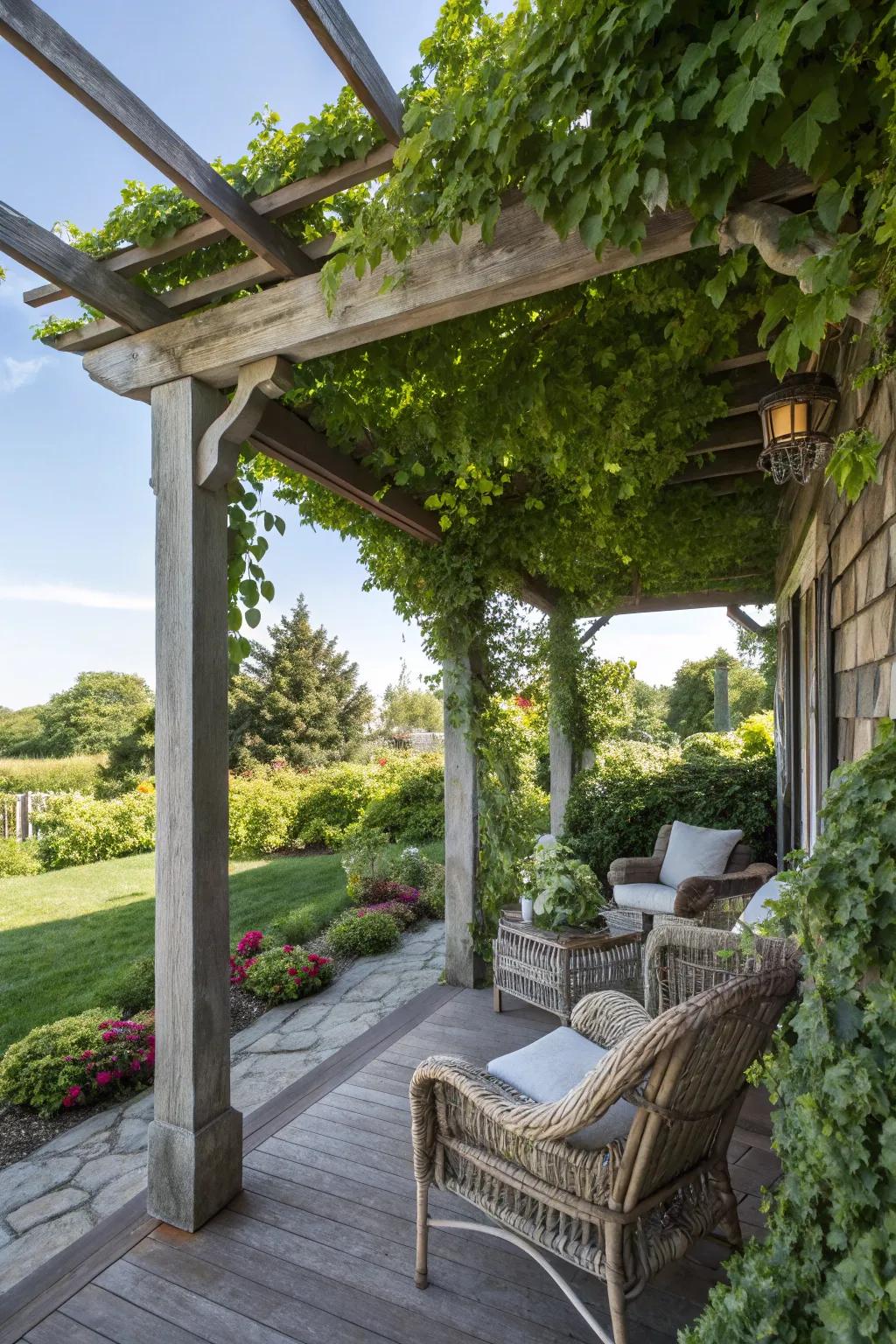 A timber pergola offers shade and style to this outdoor porch.