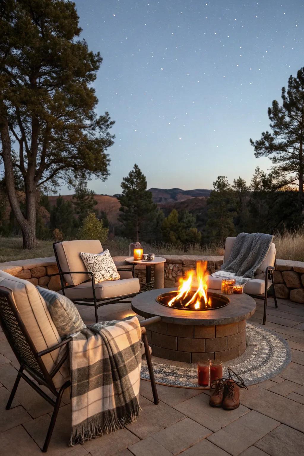 A fire pit contributes warmth and a gathering point for attendees.