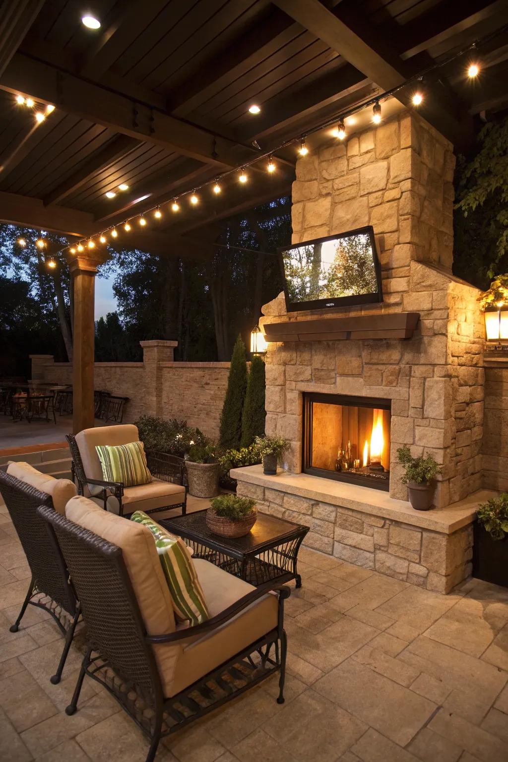 A TV above a fireplace brings warmth and intimacy to outdoor spaces.