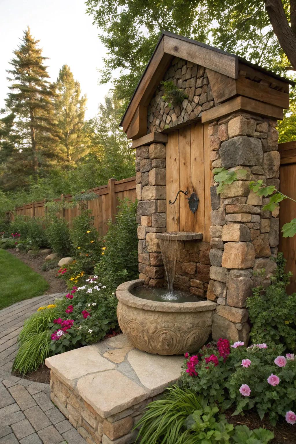 Natural materials like stone and wood add rustic appeal.