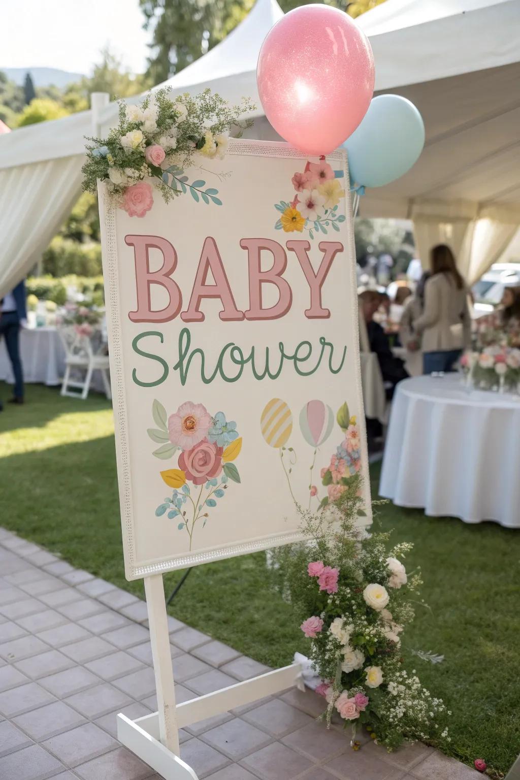 Charming signs guide invitees and enhance the baby shower theme.