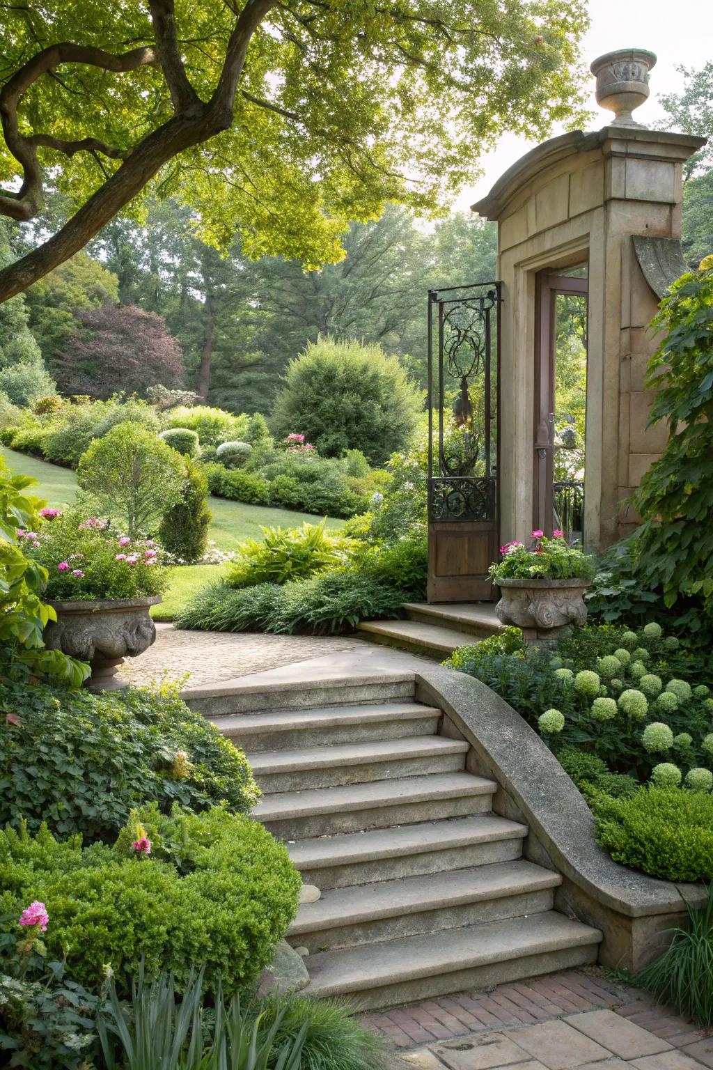 Natural beauty enhanced by greenery surrounding these steps.