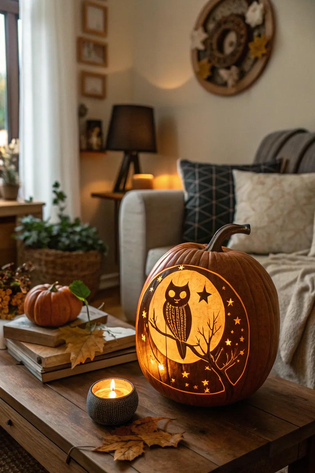 A nostalgic owl and luna design delivering a timeless Halloween element.