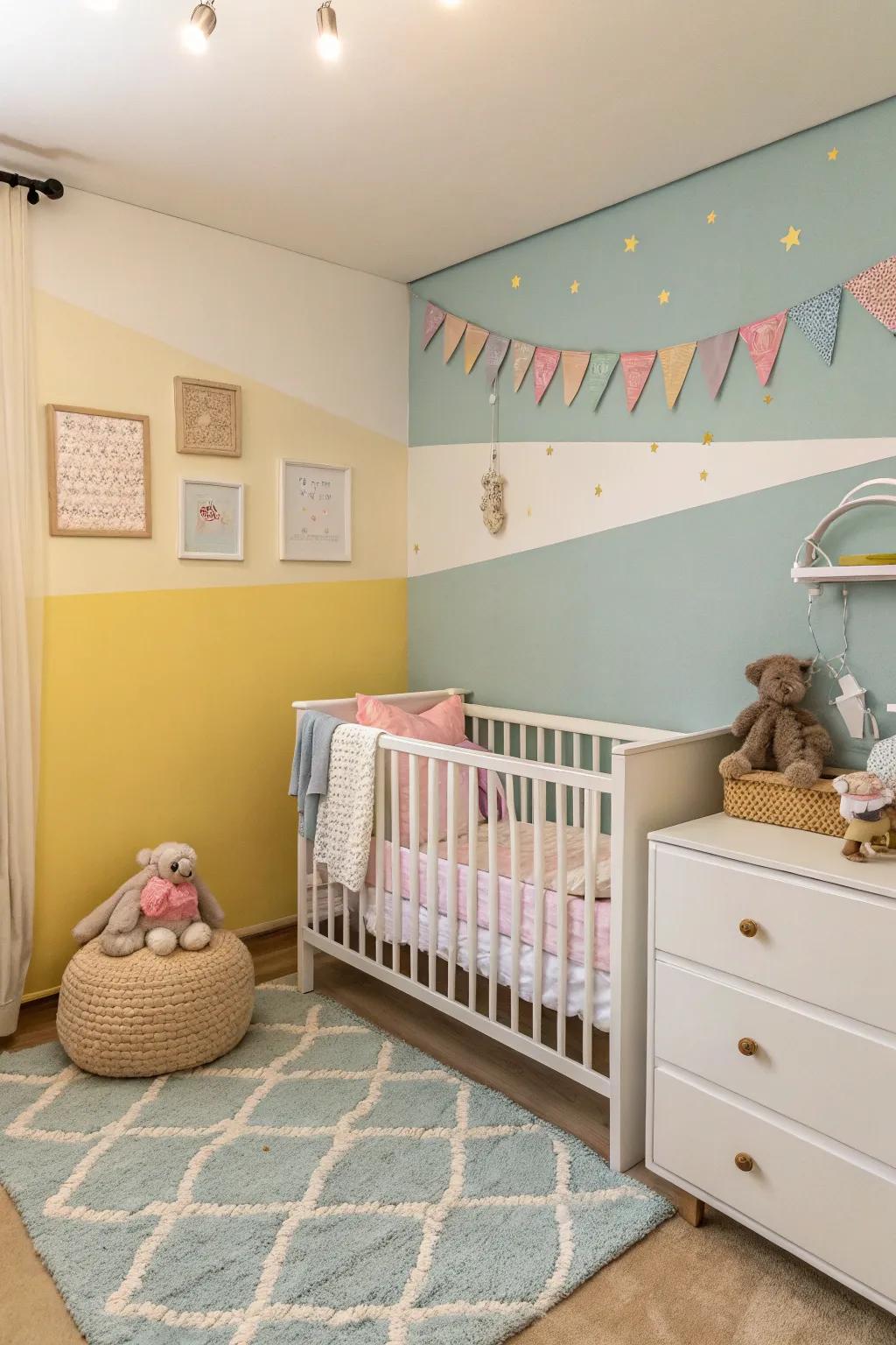 Walls featuring two tones add dimension and visual interest to a nursery.